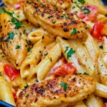 Creamy Cajun Chicken Pasta with seasoned chicken, penne, red peppers, Parmesan cream sauce, and fresh parsley.