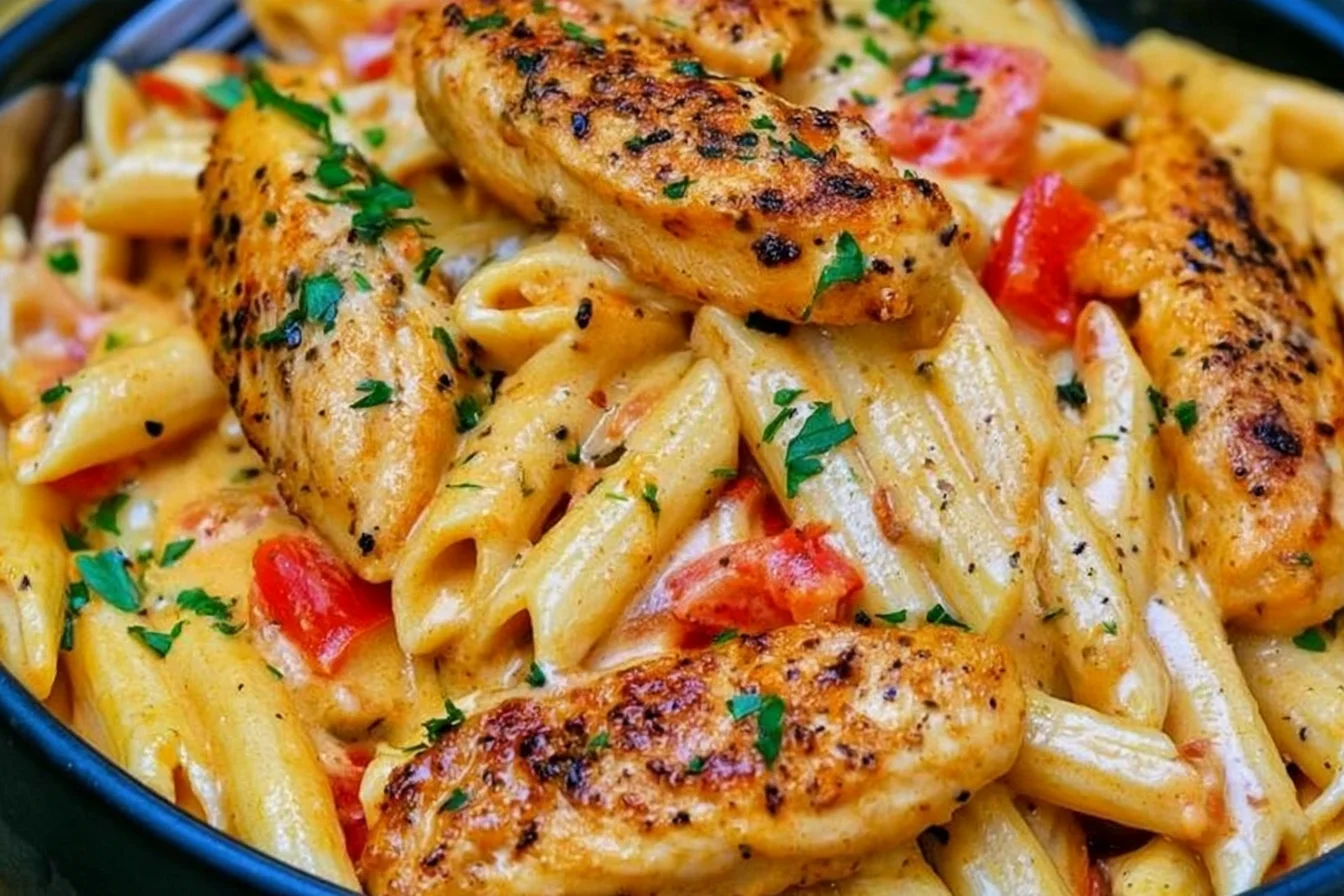 Creamy Cajun Chicken Pasta with seasoned chicken, penne, red peppers, Parmesan cream sauce, and fresh parsley.