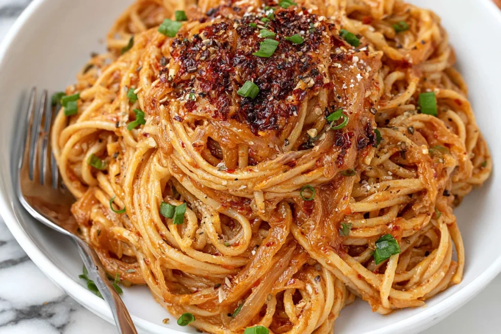 Caramelized Onion Pasta with Chili Oil topped with chili crisp, caramelized onions, Parmesan, and fresh green onions in a white bowl.