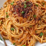 Caramelized Onion Pasta with Chili Oil topped with chili crisp, caramelized onions, Parmesan, and fresh green onions in a white bowl.