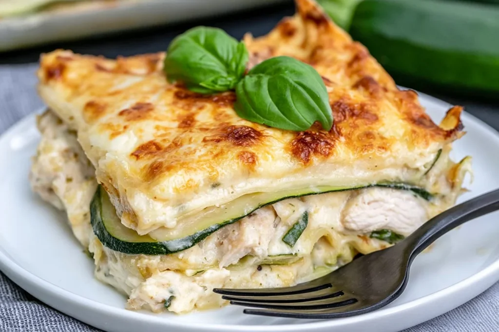 Chicken Alfredo Zucchini Lasagna with tender chicken, zucchini layers, creamy Alfredo sauce, melted mozzarella, and fresh basil.