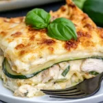 Chicken Alfredo Zucchini Lasagna with tender chicken, zucchini layers, creamy Alfredo sauce, melted mozzarella, and fresh basil.