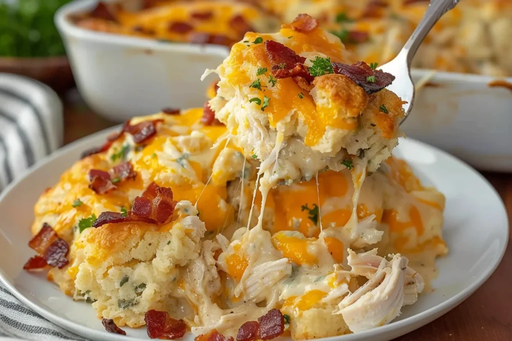 Chicken Bubble Biscuit Bake Casserole served with shredded chicken, golden biscuits, melted cheddar cheese, and fresh herbs.