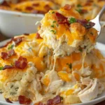 Chicken Bubble Biscuit Bake Casserole served with shredded chicken, golden biscuits, melted cheddar cheese, and fresh herbs.
