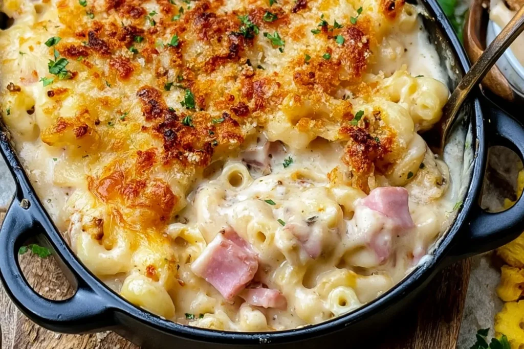 Chicken Cordon Bleu Casserole with creamy pasta, chicken, Swiss cheese, and a golden crispy breadcrumb topping