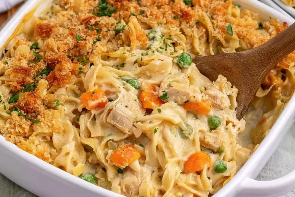 Chicken Noodle Casserole with tender chicken, creamy egg noodles, peas, carrots, and a crispy golden cracker topping.