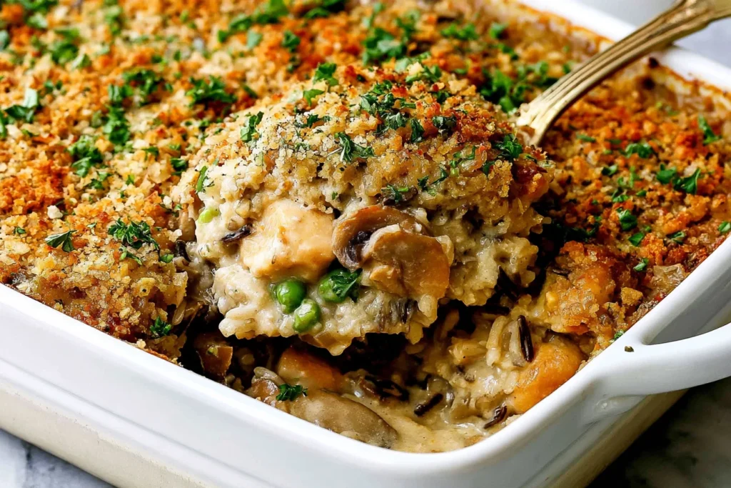 Chicken Wild Rice Casserole with tender chicken, wild rice, mushrooms, creamy sauce, crispy breadcrumbs, and fresh parsley.