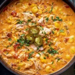 Creamy Chipotle Chicken Soup with shredded chicken, corn, tomatoes, jalapeños, and fresh herbs in a smoky creamy broth