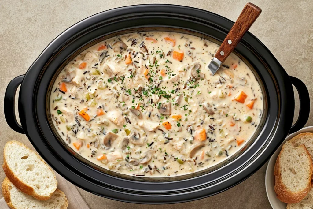 Crockpot Chicken Wild Rice Soup with tender chicken, wild rice, carrots, celery, and herbs in a creamy broth