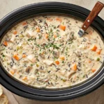 Crockpot Chicken Wild Rice Soup with tender chicken, wild rice, carrots, celery, and herbs in a creamy broth