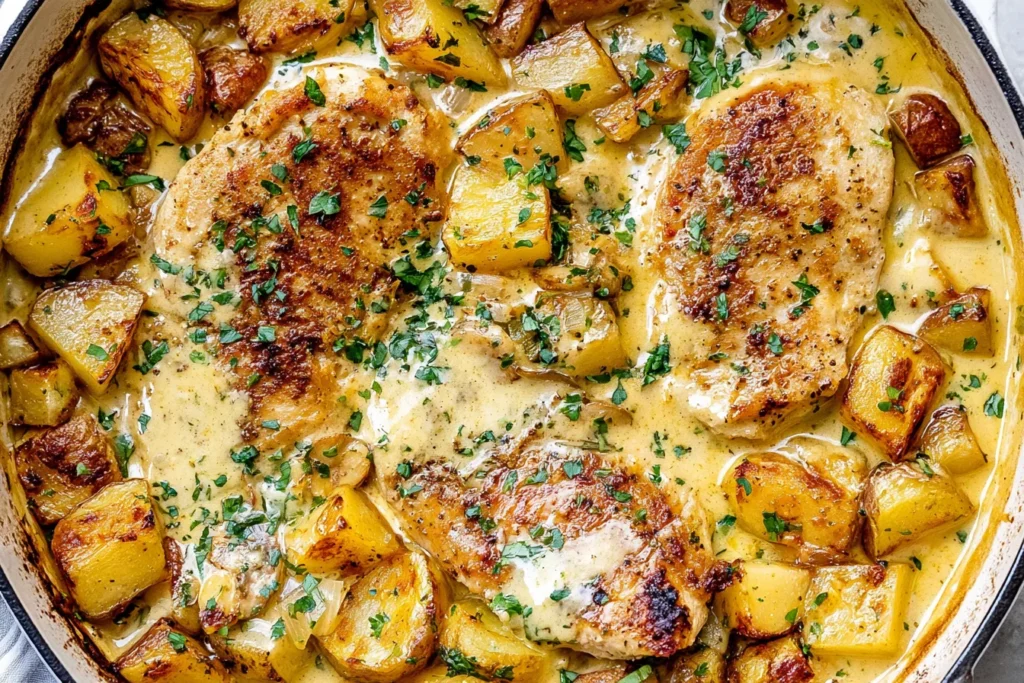 Creamy Dijon Chicken and Potatoes with seared chicken breasts, golden roasted potatoes, creamy Dijon sauce, and fresh parsley.