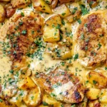 Creamy Dijon Chicken and Potatoes with seared chicken breasts, golden roasted potatoes, creamy Dijon sauce, and fresh parsley.
