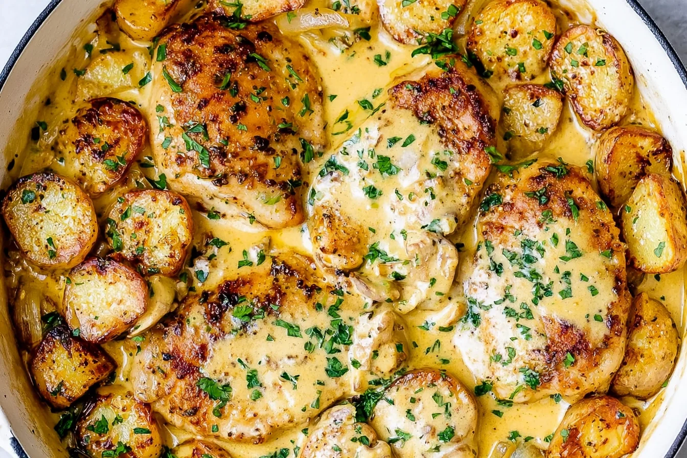 Creamy Dijon Chicken and Potatoes with golden chicken breasts, roasted potatoes, rich Dijon cream sauce, and fresh parsley.
