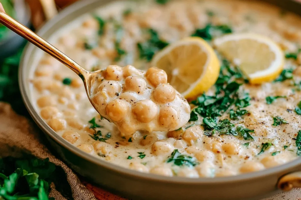 Lemon Pepper Chickpea Skillet with creamy Parmesan sauce, fresh parsley, black pepper, and lemon slices served in a skillet.