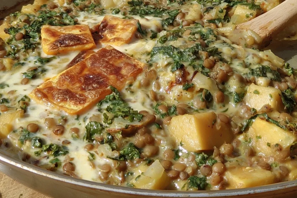One Pan Creamy Lentils Japanese Sweet Potatoes + Kale with golden sweet potato chunks, tender lentils, and kale in a creamy skillet sauce.