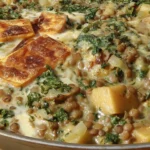 One Pan Creamy Lentils Japanese Sweet Potatoes + Kale with golden sweet potato chunks, tender lentils, and kale in a creamy skillet sauce.