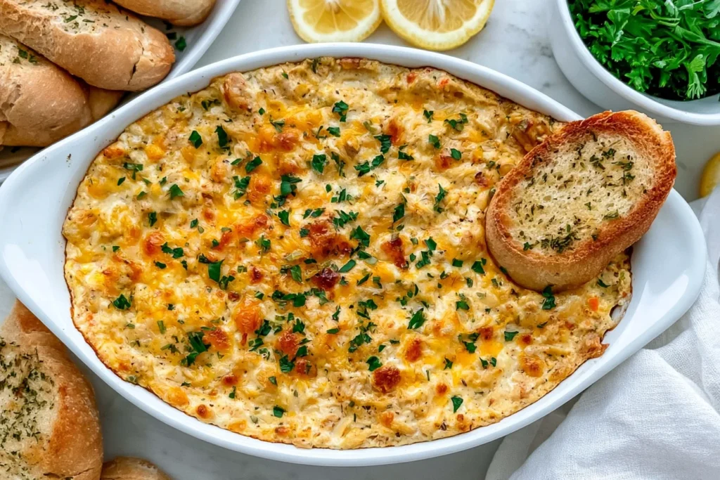 Maryland Crab Dip baked with lump crab, melted cheese, fresh parsley, and toasted baguette slices