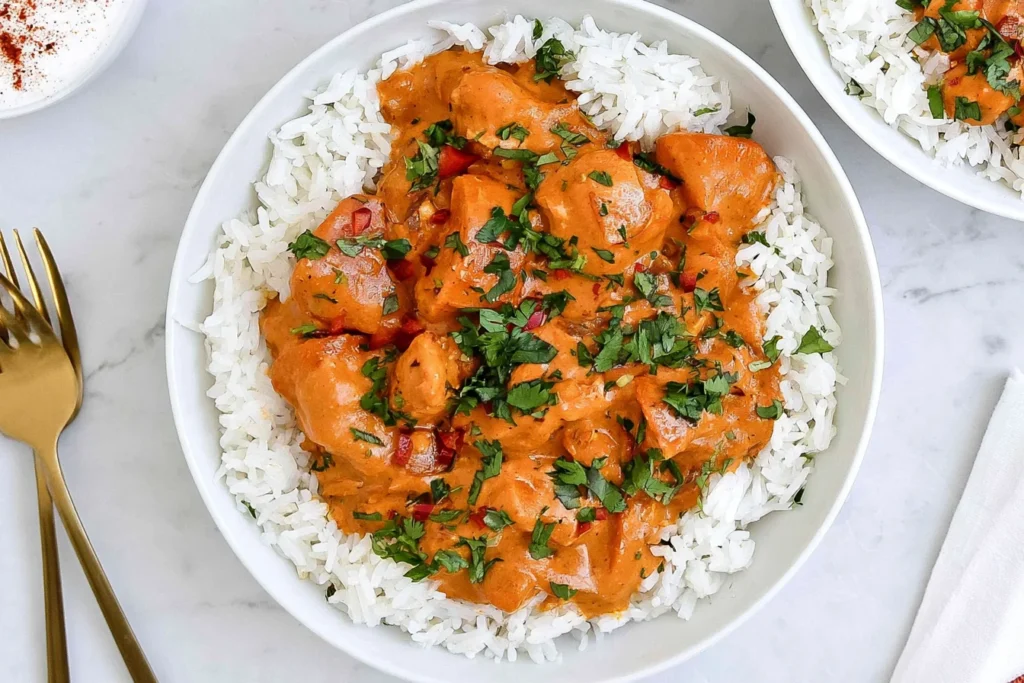 Pumpkin Chicken Curry with tender chicken in creamy pumpkin coconut sauce, served over white rice and topped with fresh cilantro.