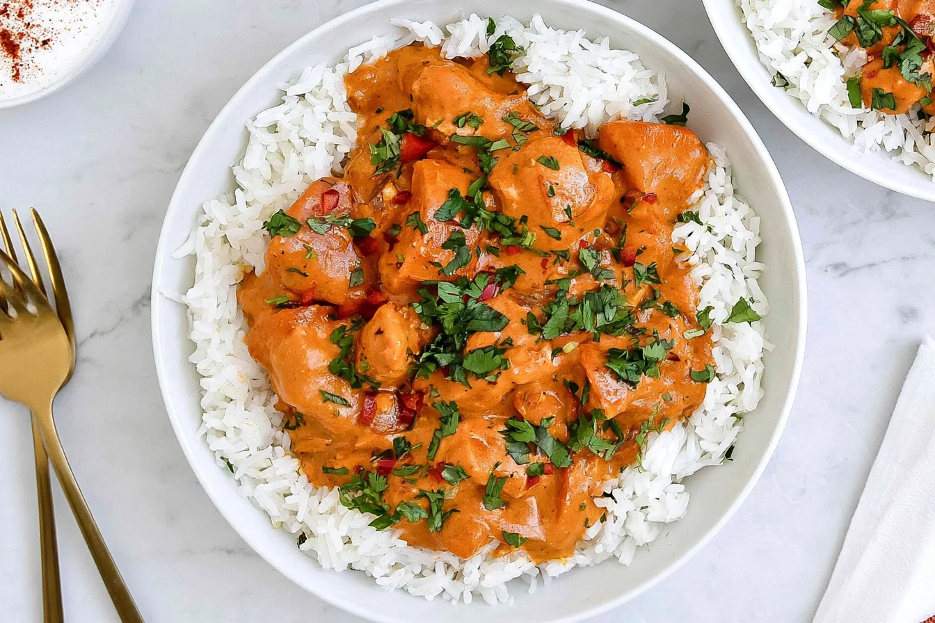 Pumpkin Chicken Curry with tender chicken in creamy pumpkin coconut sauce, served over white rice and topped with fresh cilantro.