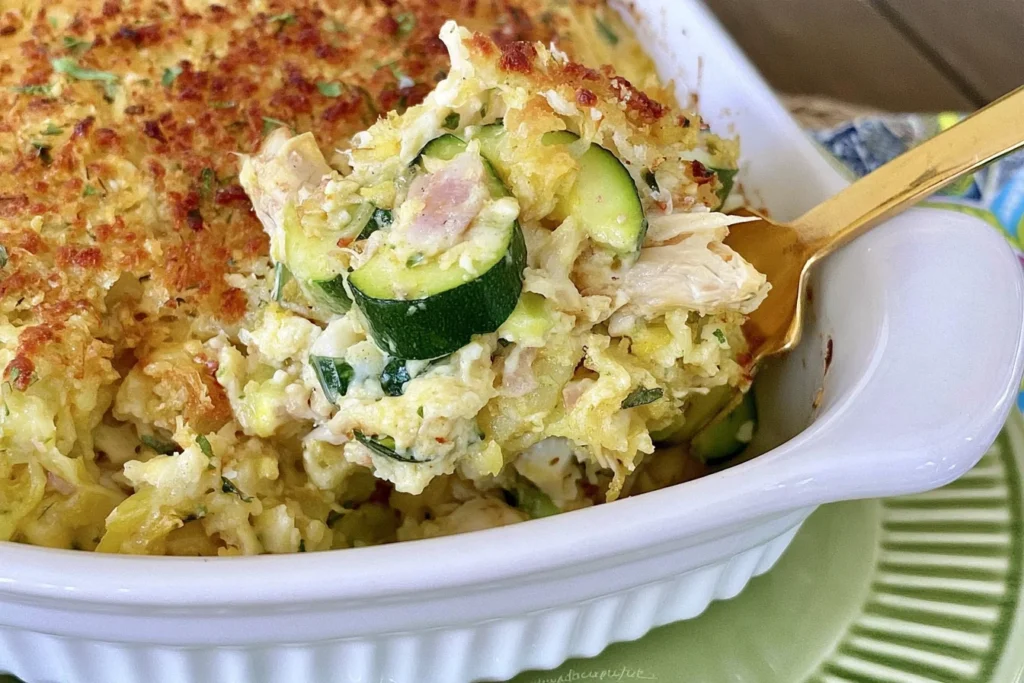 Rotisserie Chicken & Zucchini Casserole served with tender chicken, sliced zucchini, creamy filling, and a golden crispy topping