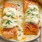 Salmon with Lemon Dill Sauce with golden seared salmon fillets in a creamy dill sauce