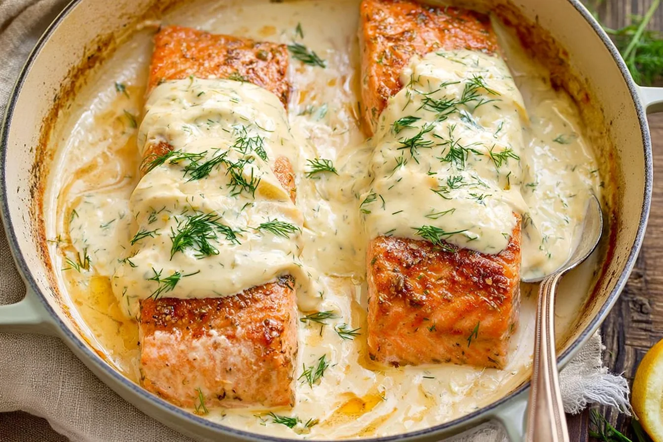 Salmon with Lemon Dill Sauce with golden seared salmon fillets in a creamy dill sauce
