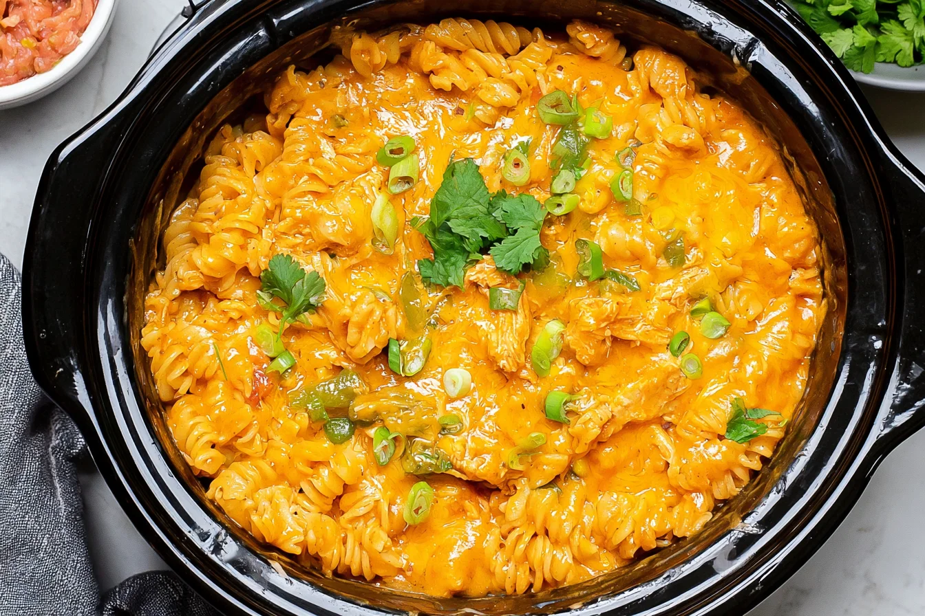 Slow Cooker Chicken Enchilada Pasta with shredded chicken, rotini, melted cheddar cheese, green onions, and cilantro.