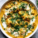 Slow Cooker Chicken Korma with tender chicken in creamy coconut curry sauce, topped with fresh cilantro and yogurt.
