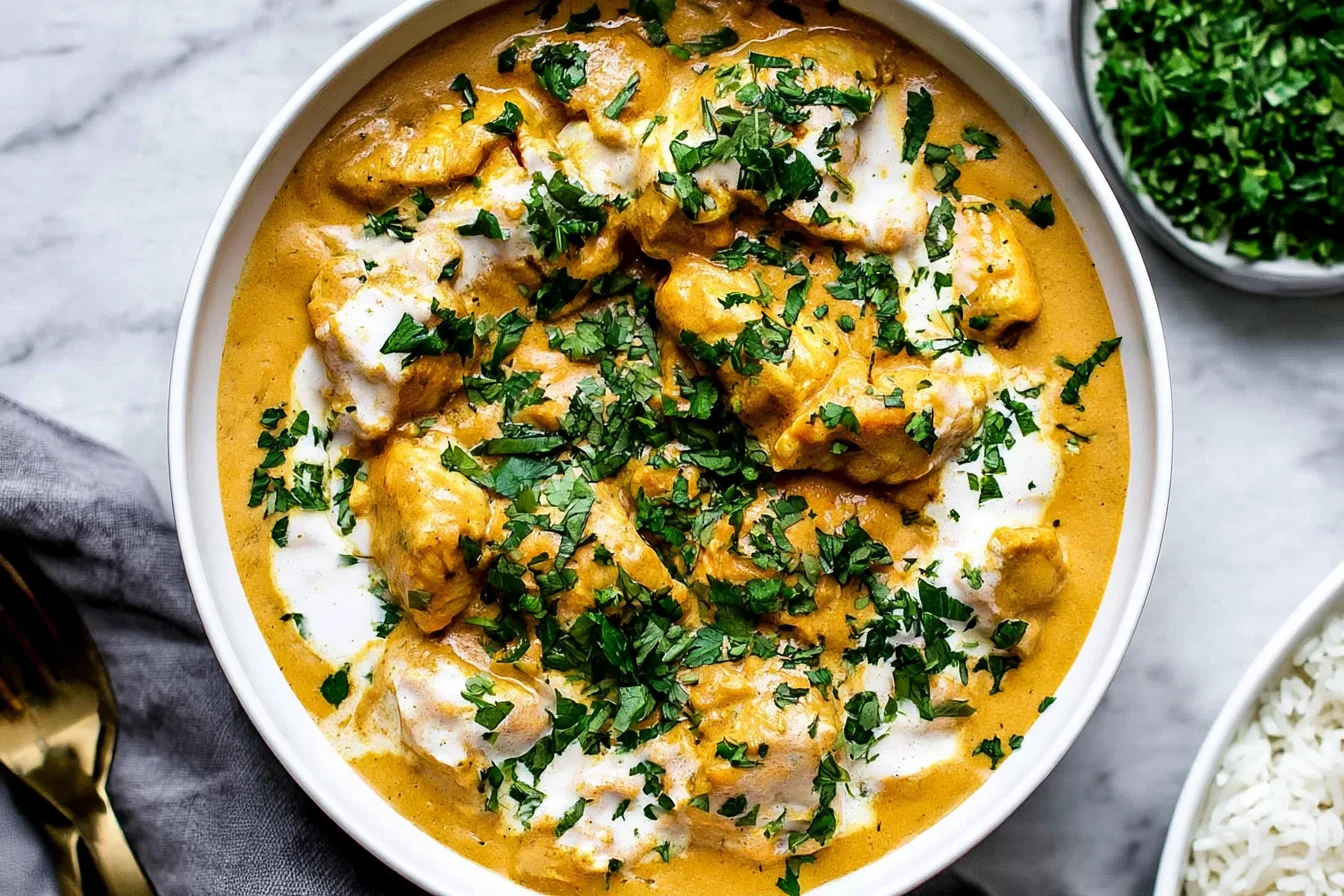 Slow Cooker Chicken Korma with tender chicken in creamy coconut curry sauce, topped with fresh cilantro and yogurt.