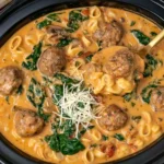 Slow Cooker Meatball Soup with creamy tomato broth, Italian meatballs, pasta, fresh spinach, and Parmesan cheese