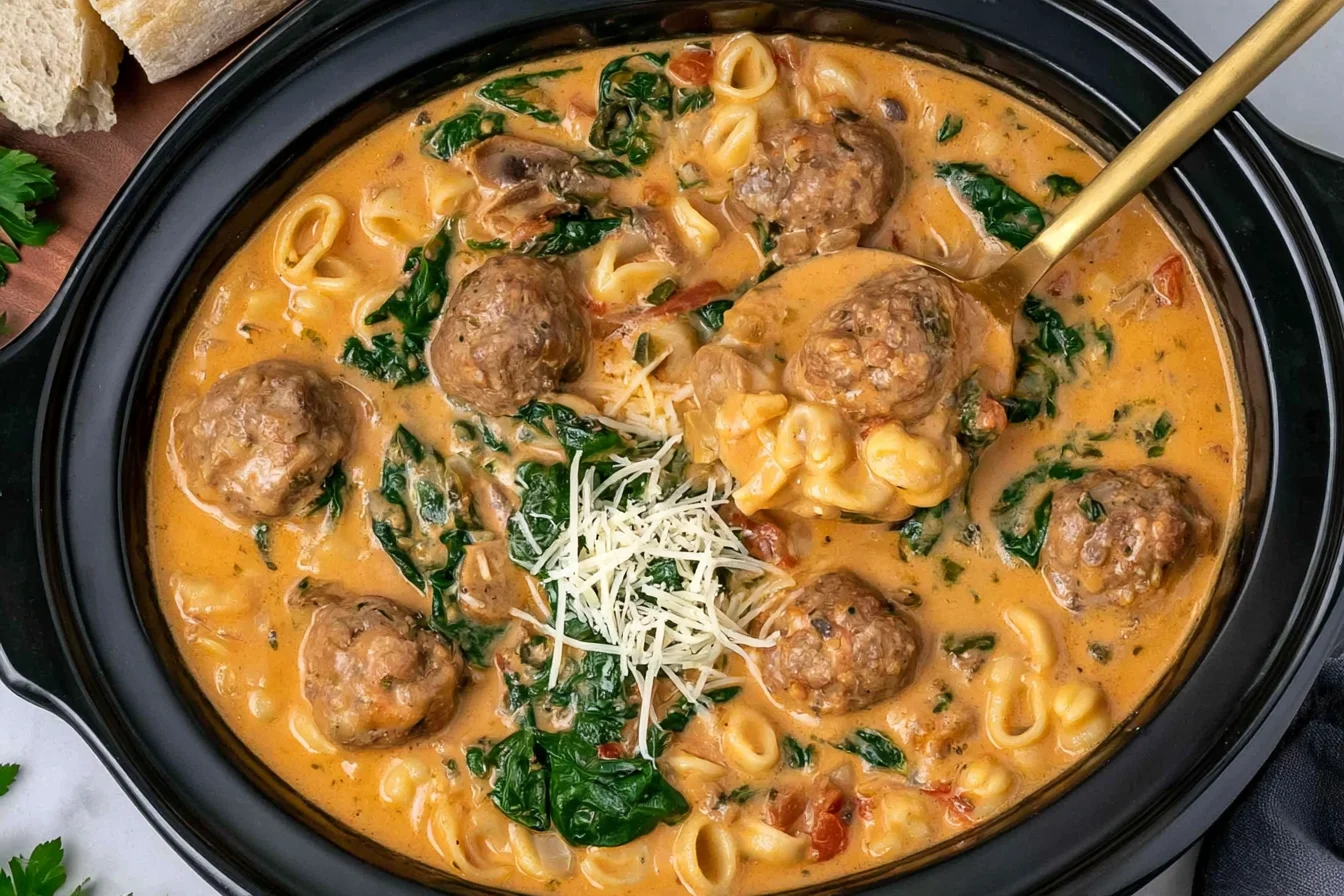 Slow Cooker Meatball Soup with creamy tomato broth, Italian meatballs, pasta, fresh spinach, and Parmesan cheese