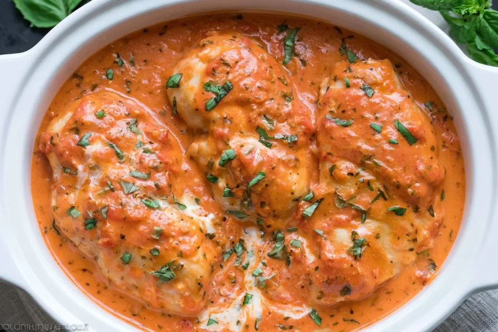 Slow Cooker Creamy Tomato Basil Chicken Breast in a rich tomato cream sauce topped with freshly chopped basil