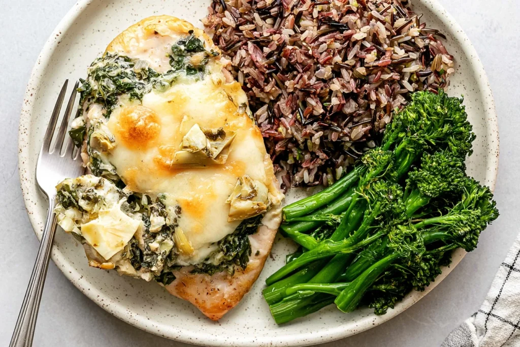 Creamy Spinach Artichoke Chicken Bake served with wild rice and broccolini, topped with melted cheese, spinach, and artichoke hearts.