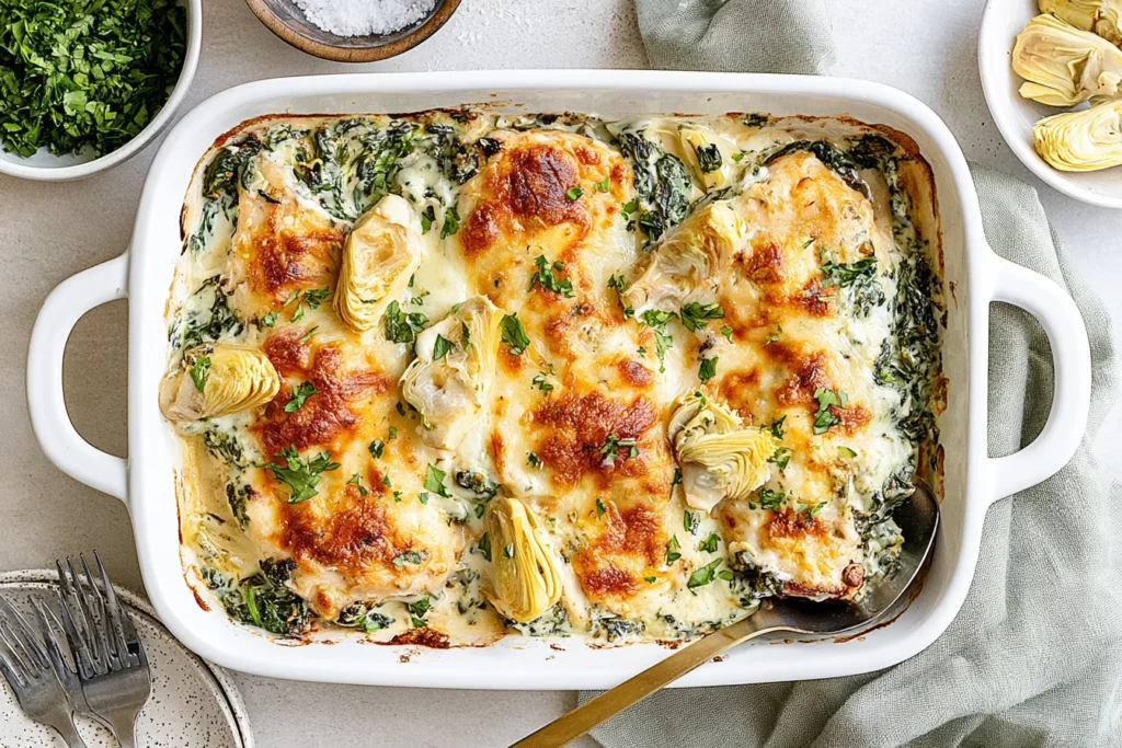 Creamy Spinach Artichoke Chicken Bake with tender chicken, spinach, artichoke hearts, Greek yogurt, and golden melted cheese.