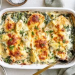 Creamy Spinach Artichoke Chicken Bake with tender chicken, spinach, artichoke hearts, Greek yogurt, and golden melted cheese.