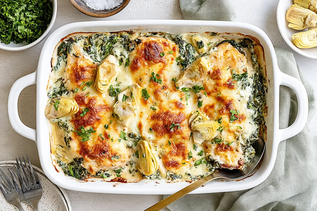 Creamy Spinach Artichoke Chicken Bake with tender chicken, spinach, artichoke hearts, Greek yogurt, and golden melted cheese.