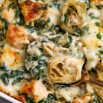 Spinach Artichoke Chicken Casserole with tender chicken, spinach, artichoke hearts, and golden melted cheese in a creamy sauce.