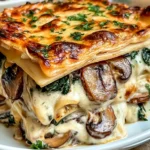 Creamy Spinach Mushroom Lasagna with layers of mushrooms, spinach, creamy béchamel, pasta, and golden melted cheese.