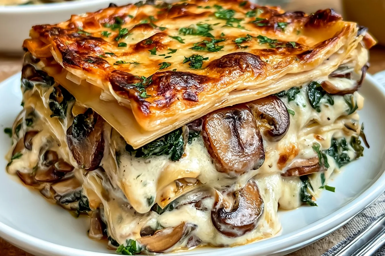 Creamy Spinach Mushroom Lasagna with layers of mushrooms, spinach, creamy béchamel, pasta, and golden melted cheese.