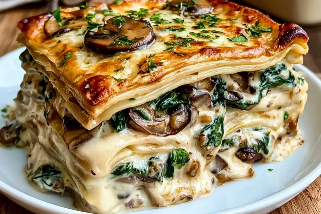 Creamy Spinach Mushroom Lasagna with layers of sautéed mushrooms, fresh spinach, béchamel sauce, pasta, and golden melted cheese.