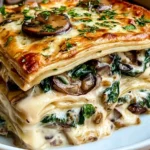 Creamy Spinach Mushroom Lasagna with layers of sautéed mushrooms, fresh spinach, béchamel sauce, pasta, and golden melted cheese.