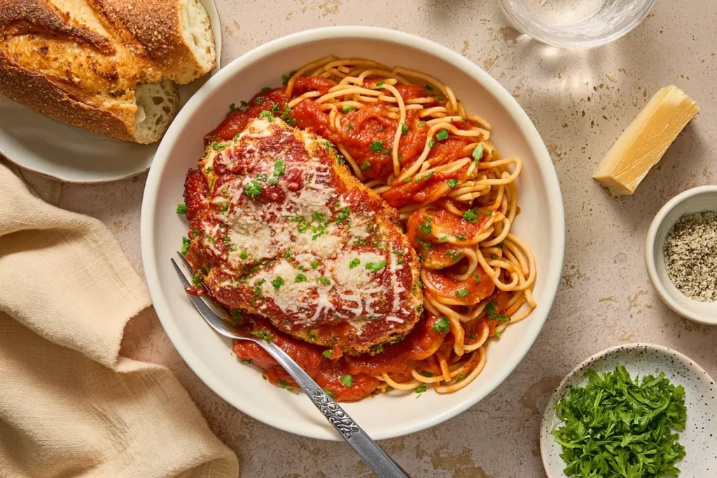 Spinach Ricotta Chicken topped with marinara and Parmesan, served with spaghetti and crusty bread.