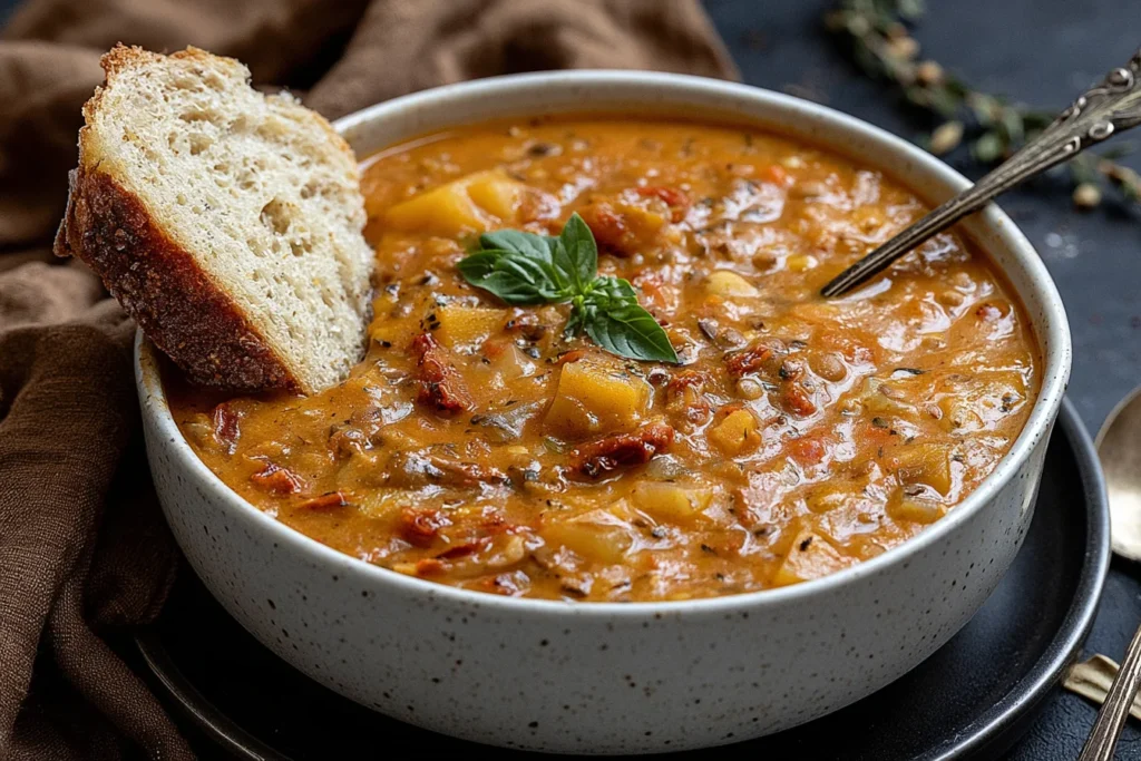 Sun Dried Tomato Lentil Soup with lentils, tender potatoes, sun dried tomatoes, herbs, and creamy tomato broth served with crusty bread.
