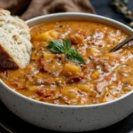 Sun Dried Tomato Lentil Soup with lentils, tender potatoes, sun dried tomatoes, herbs, and creamy tomato broth served with crusty bread.