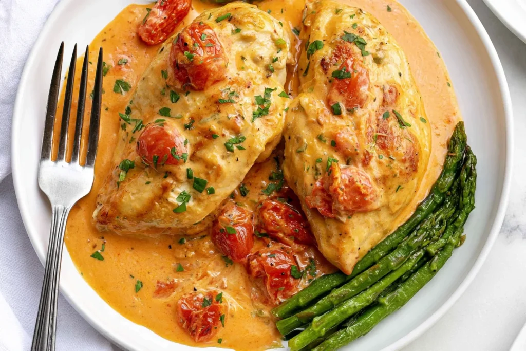 Creamy Tomato Chicken with tender chicken breasts, cherry tomatoes, creamy Parmesan sauce, fresh herbs, and roasted asparagus.