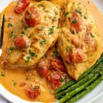 Creamy Tomato Chicken with tender chicken breasts, cherry tomatoes, creamy Parmesan sauce, fresh herbs, and roasted asparagus.