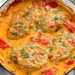 Creamy Tomato Chicken with golden chicken breasts, cherry tomatoes, Parmesan cream sauce, and fresh basil in a skillet.