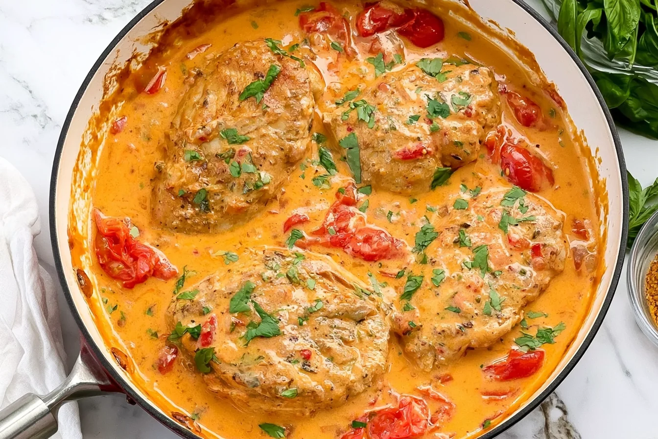 Creamy Tomato Chicken with golden chicken breasts, cherry tomatoes, Parmesan cream sauce, and fresh basil in a skillet.
