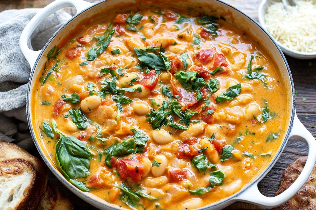 Creamy Tomato White Bean Stew with cannellini beans, tomatoes, spinach, and fresh basil in a creamy tomato sauce