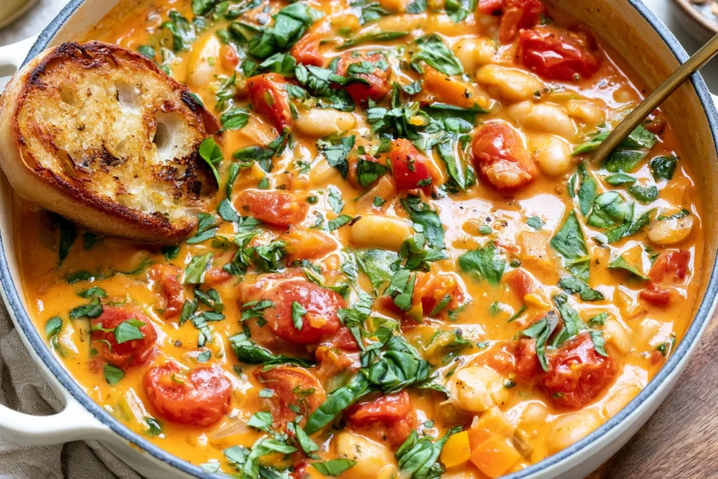 Creamy Tomato White Bean Stew with cannellini beans, cherry tomatoes, spinach, fresh basil, and toasted bread